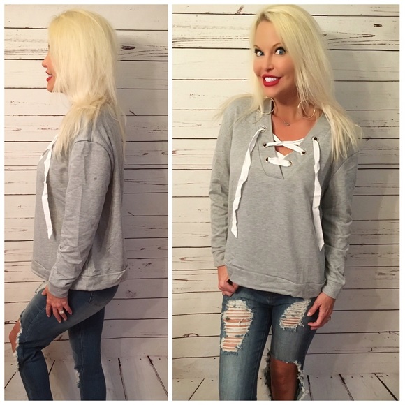 LAST 1! Heather Gray Oversized Lace up Sweatshirt - Picture 2 of 3