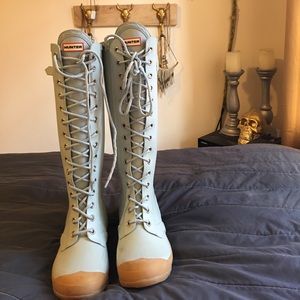 Hunter light blue rain boots. Slightly worn