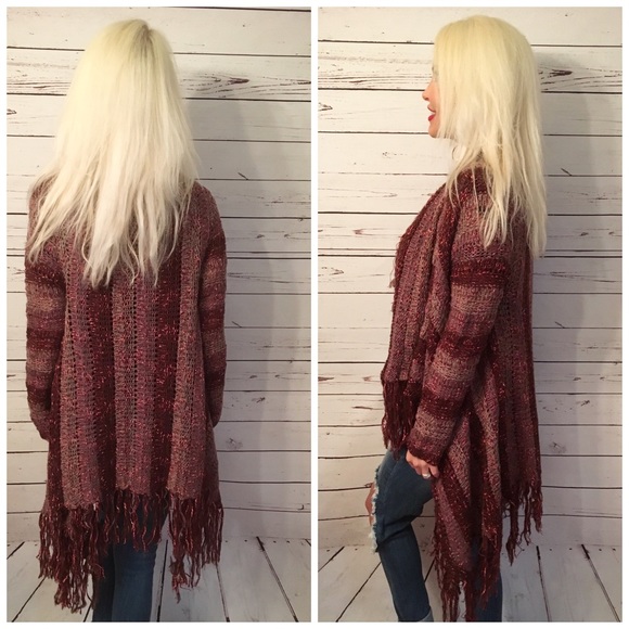 LAST 1!! Wine striped sweater Cardigan w/fringe! - Picture 3 of 3