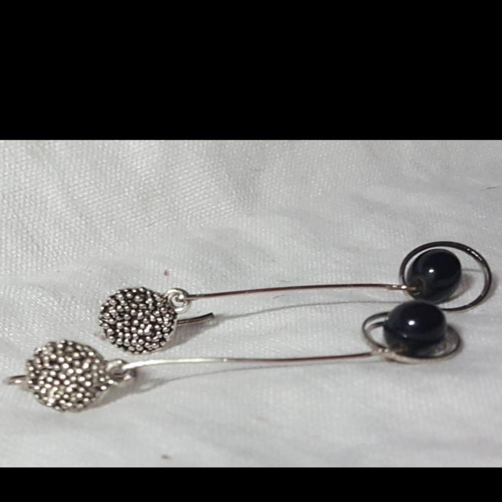 Silvertone & Black Dandle Earrings 2-1/2" L NEW French Hook Closure