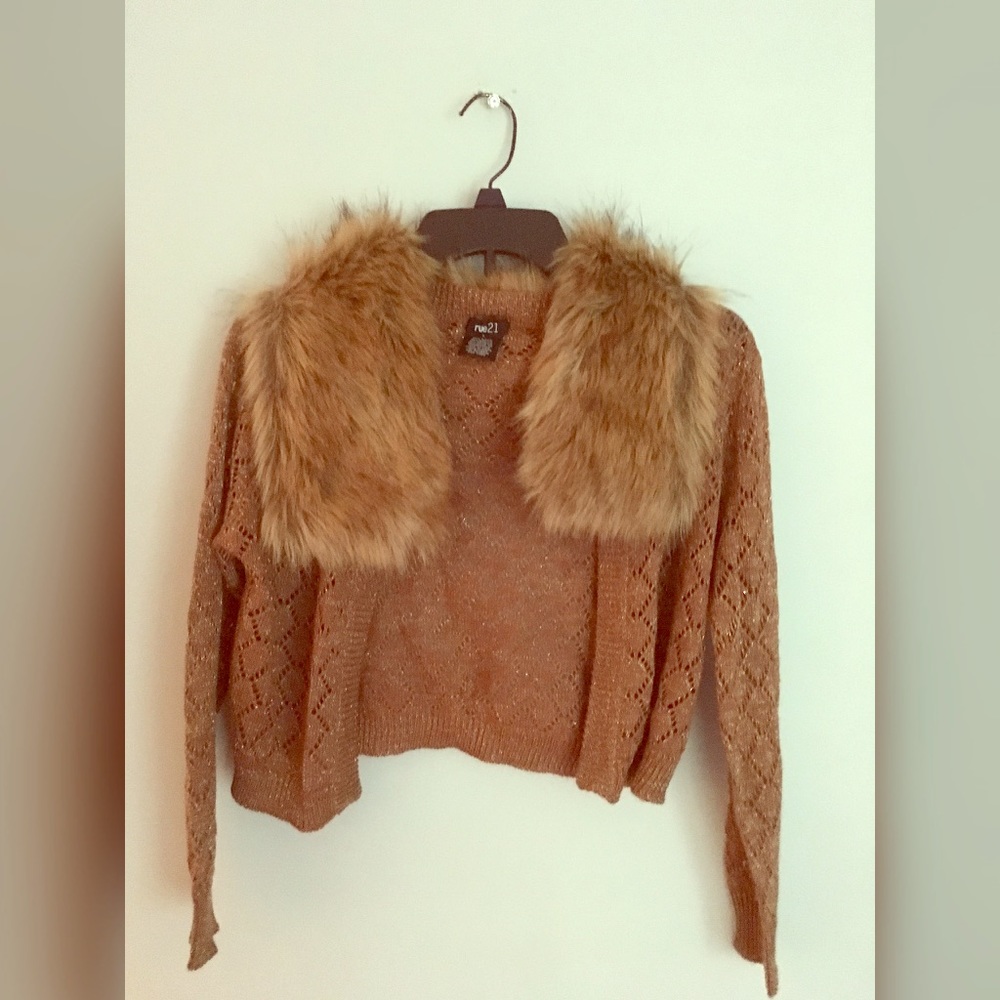 Rue 21 faux fur and knitted brown cardigan.