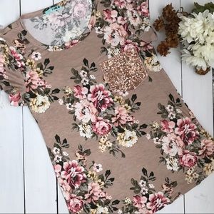 Rose Gold Sequin Pocket Fall Floral Tee