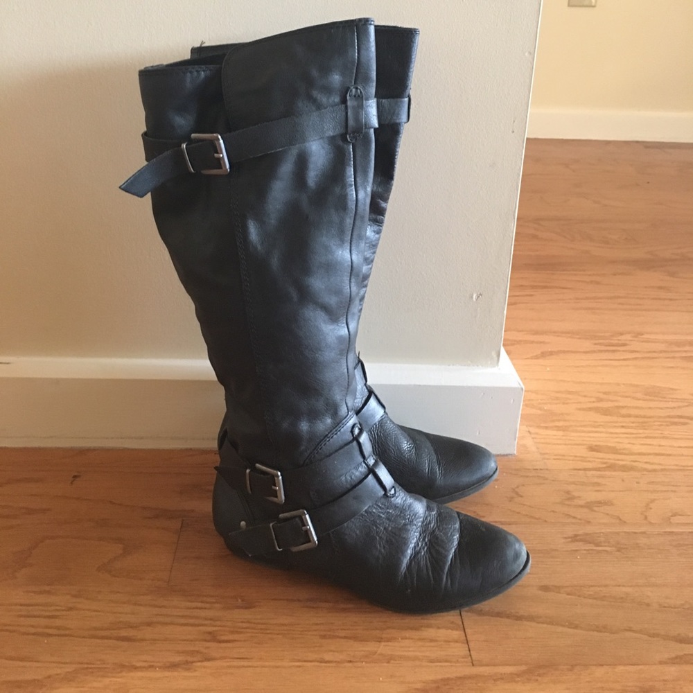 Aldo Black Leather Buckle Boots