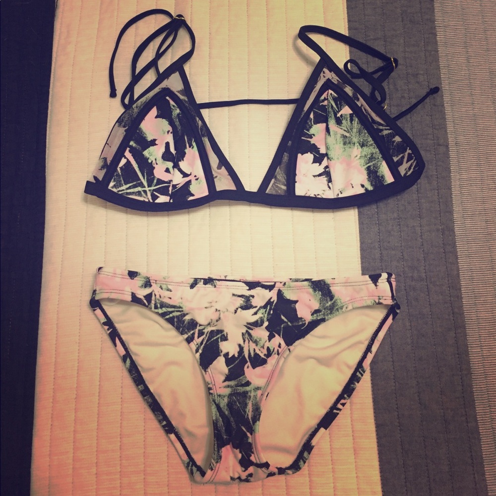 Cute floral bikini baby pink green and black