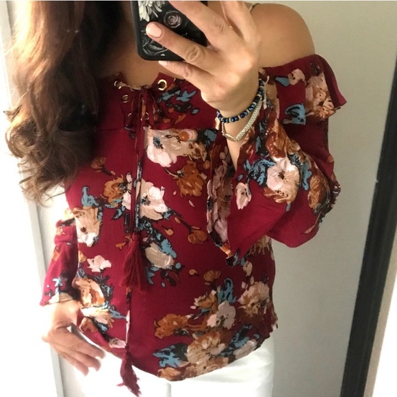 Floral Burgundy Off Shoulder Top - Picture 2 of 6