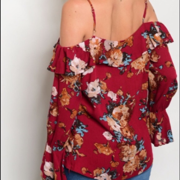 Floral Burgundy Off Shoulder Top - Picture 5 of 6
