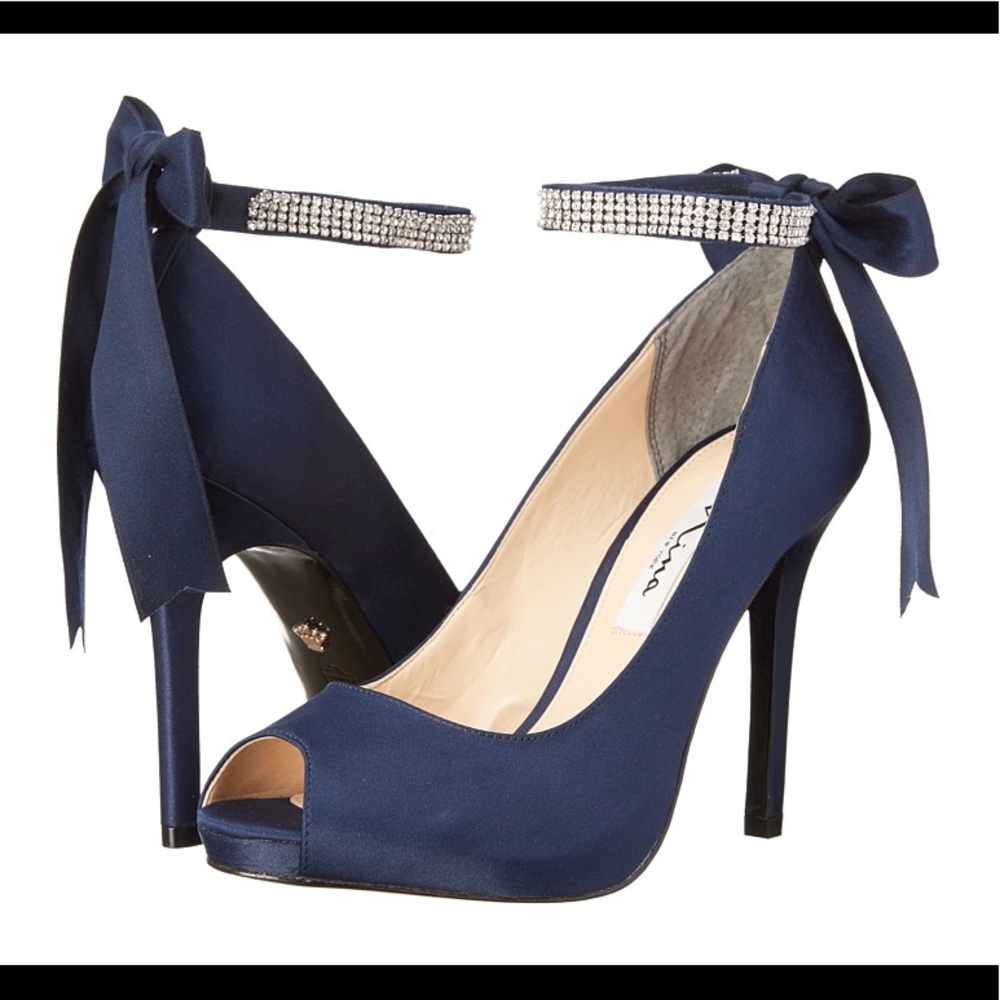 FLASH⌛️Nina Satin Navy Blue Bow/ rhinestone heel 9
