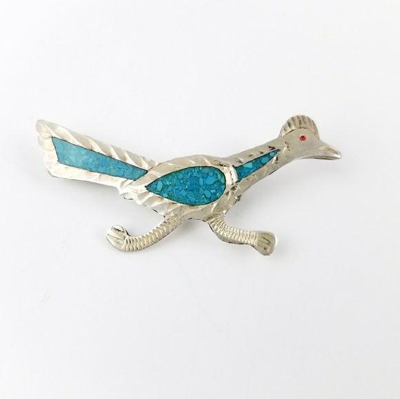 Vintage Jewelry - VTG Sterling Silver Turquoise Roadrunner Brooch