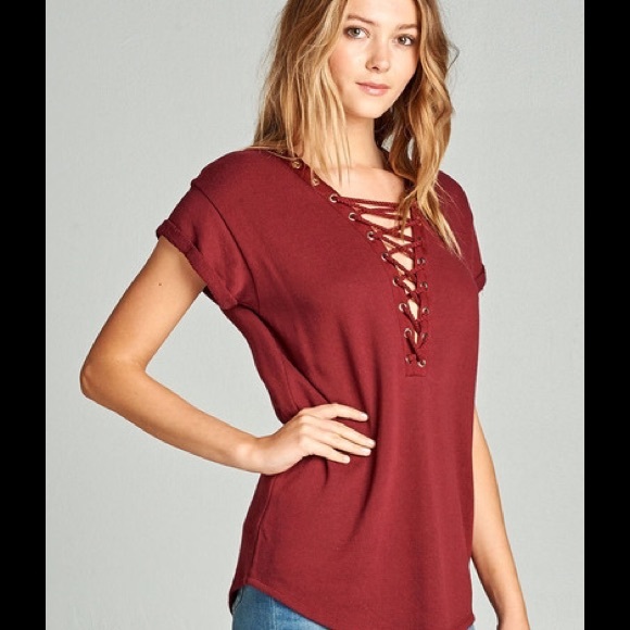 Burgundy Lace Up Top - Picture 2 of 4
