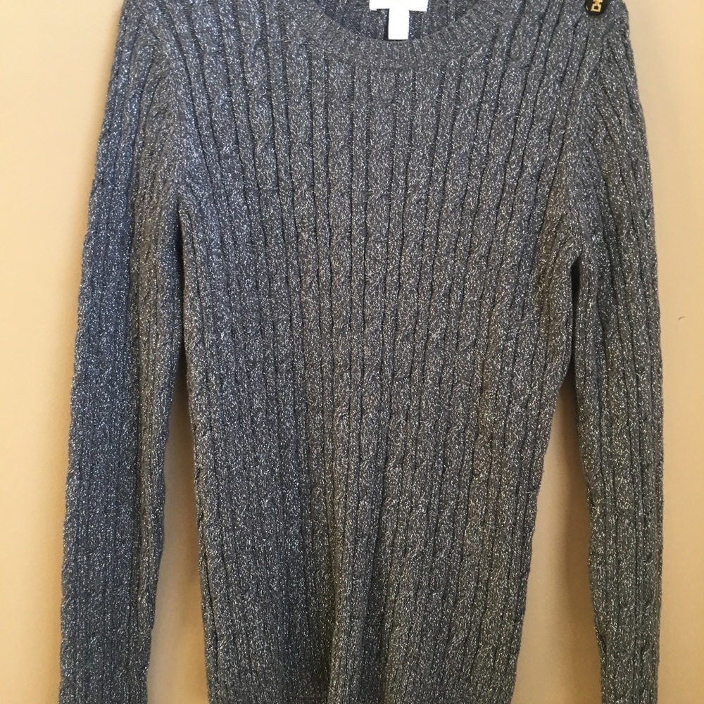 Grey Silver Crew Neck Cable Knit Sweater