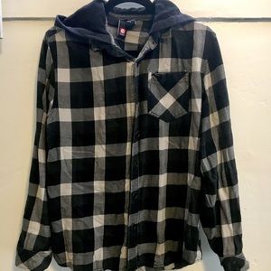 Black and gray flannel with sewn in hood.