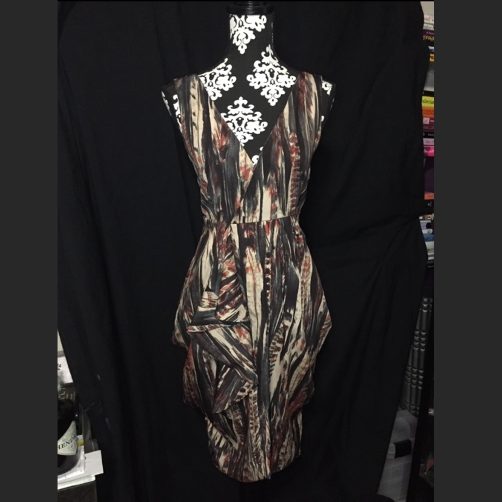 Tan, black, and red dress