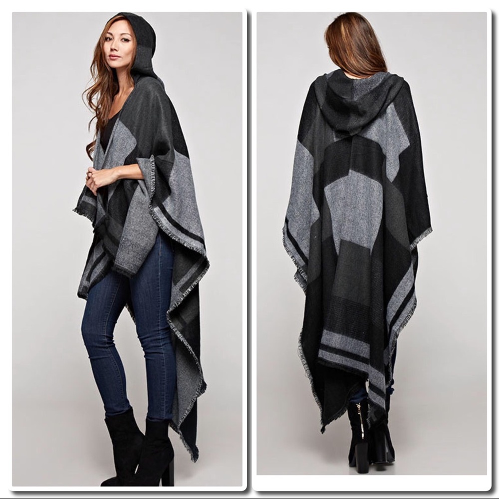 Cozy Hooded Plaid Scarf Poncho - Picture 2 of 5