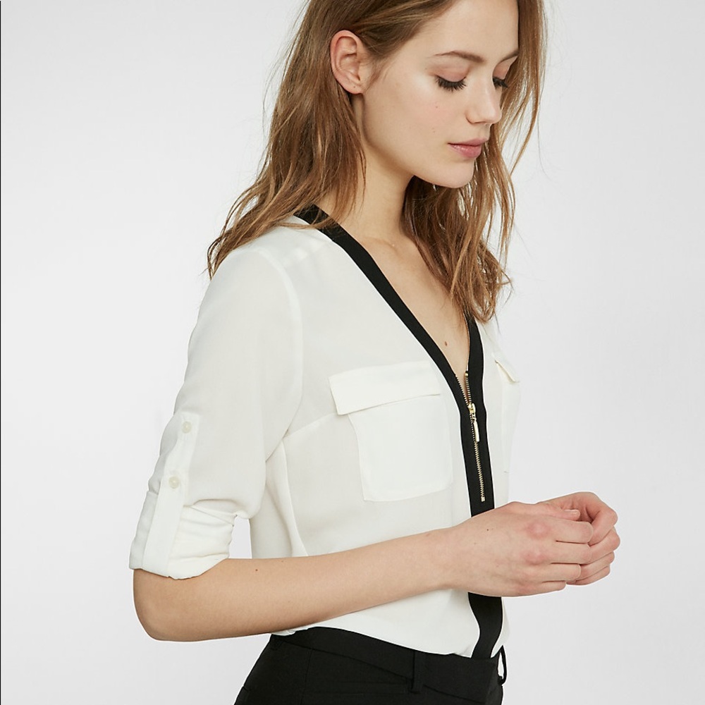 Piped Long Sleeve Button Front Blouse