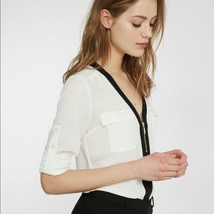 Piped Long Sleeve Button Front Blouse