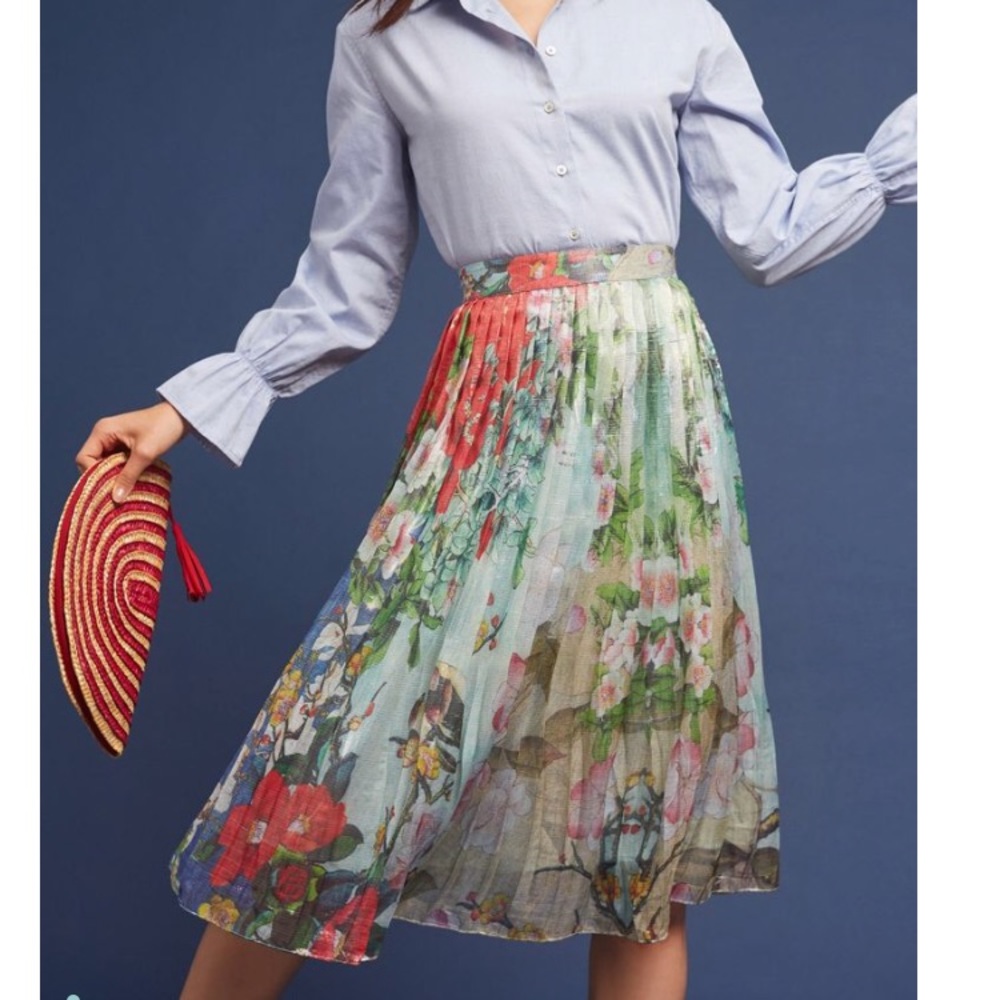 Anthropologie Jardin Pleated Metallic Sheen Skirt