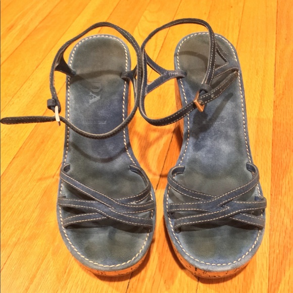 PRADA Blue Suede Cork Wedges - Picture 3 of 4