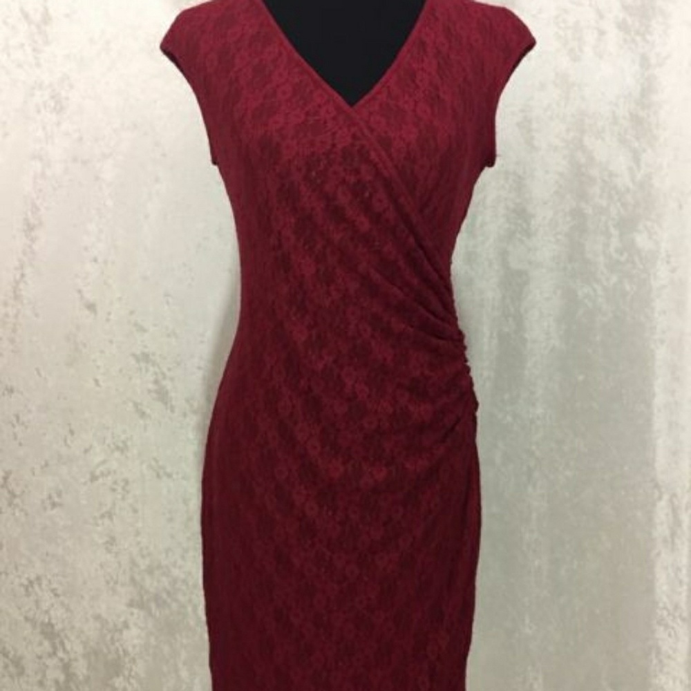 Chaps Red Fitted Lace Dress