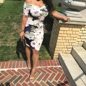 Floral midi dress off the shoulder