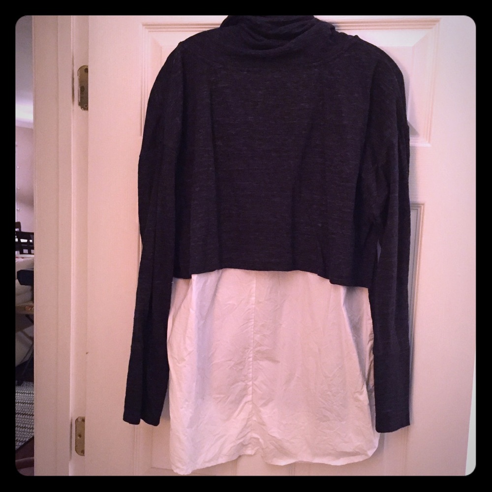 Cowl neck top with white underlay shirt exposed
