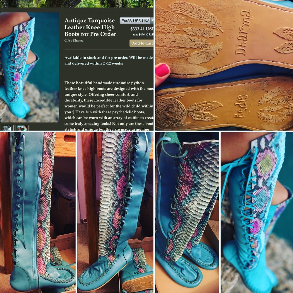 Antique Turquoise Leather Knee High Boots