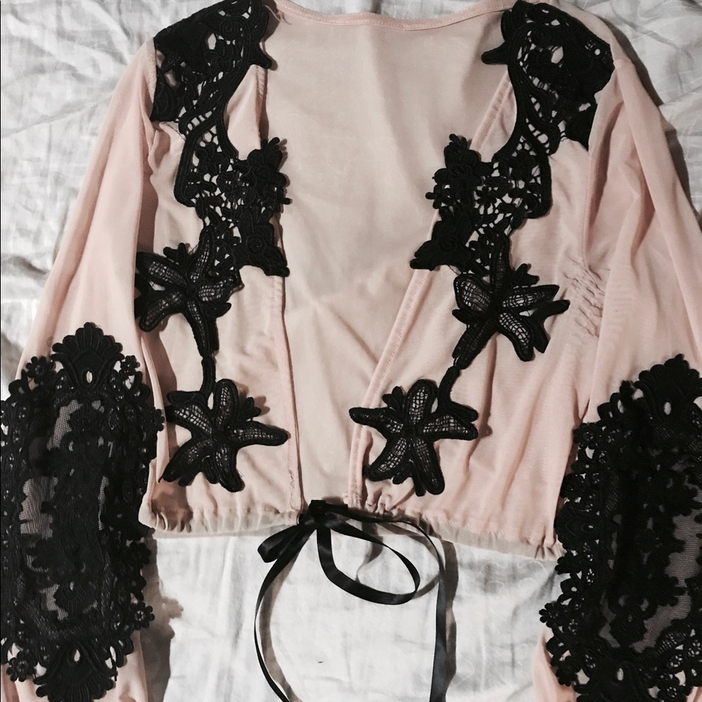 Behind Hemlines Mesh & Lace Tie Top Rose Gold