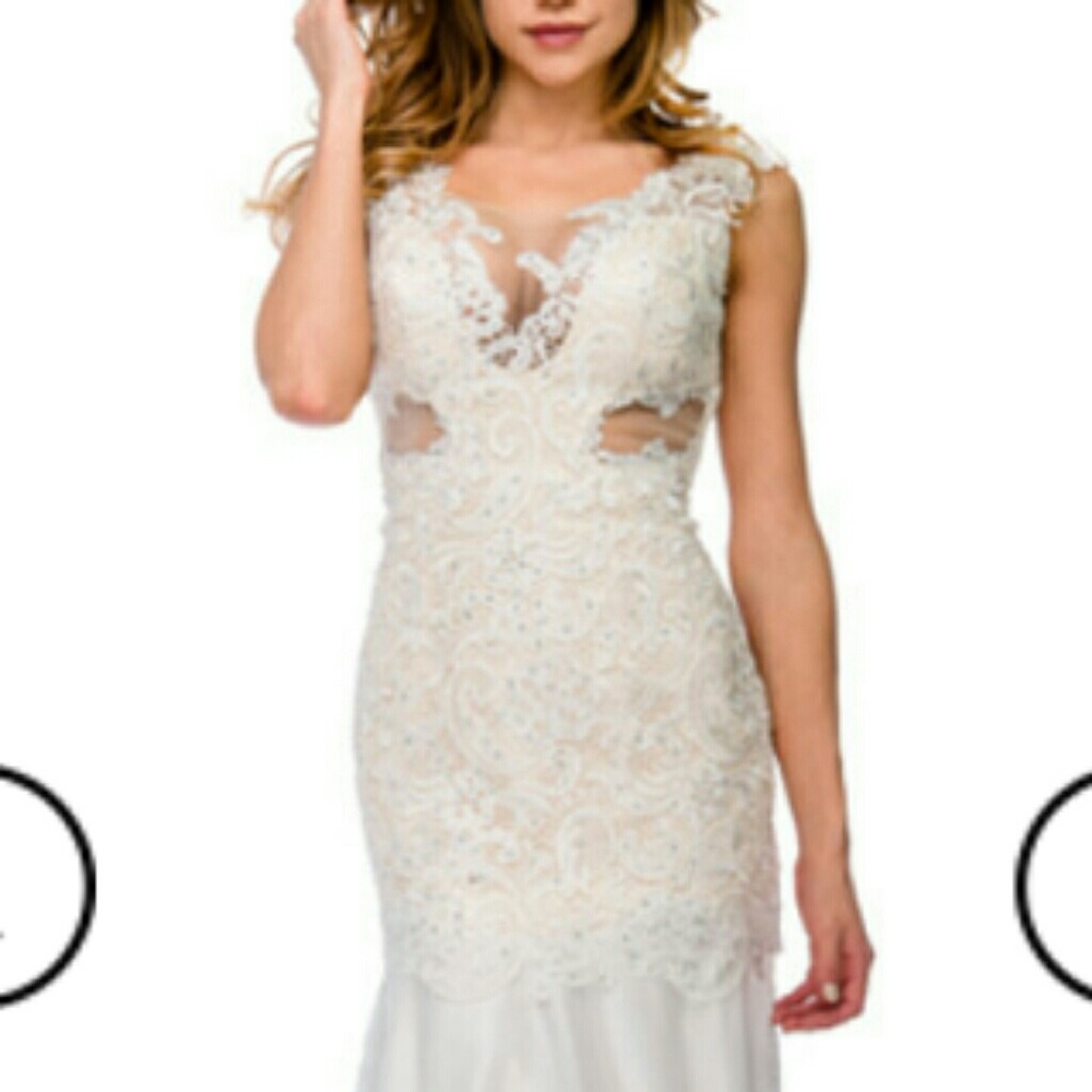 Long lace top ivory champagne dress