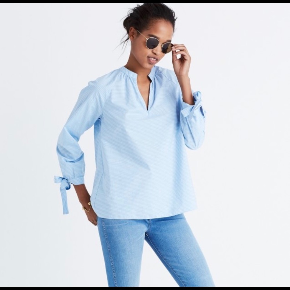 striped tie-sleeve popover top