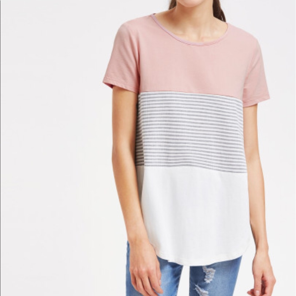 Striped Color-blocked Curved Hem Tee