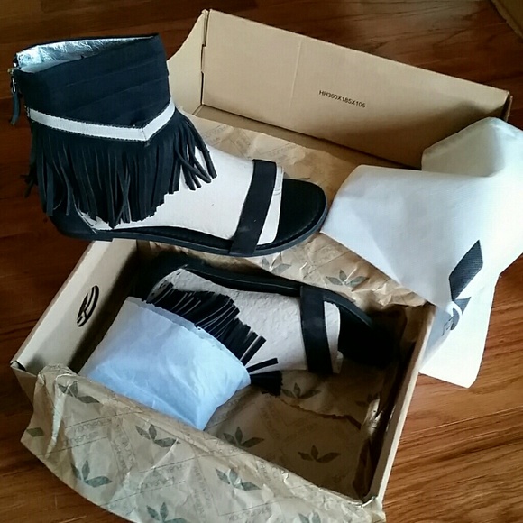 Black fringe, gladiator style sandals - Picture 1 of 5