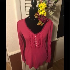 Women's hot pink knit ruffle long sleeve shirt