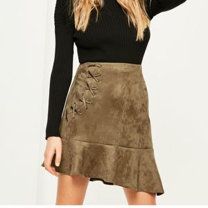 khaki faux suede frill hem eyelet detail mini
