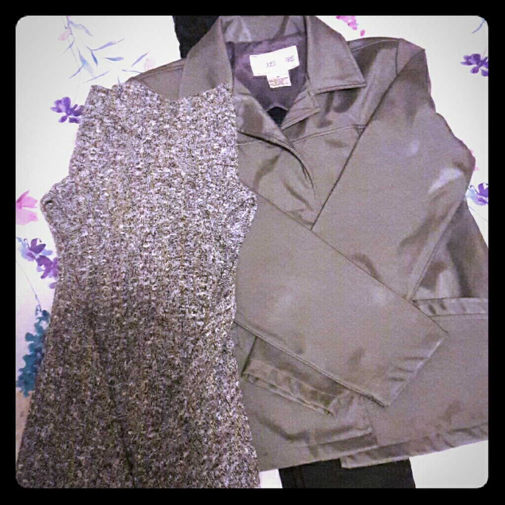 black leather pants w/ silver jacket grey shirt