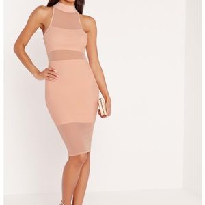 high neck mesh overlay midi dress nude