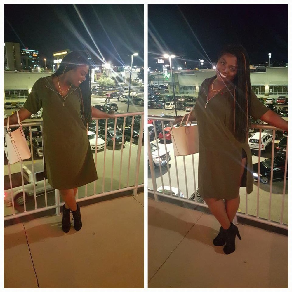 Forest dark green hoodie dress top pocket zipper