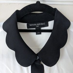 White Silk Shirt with Black Scalloped Collar