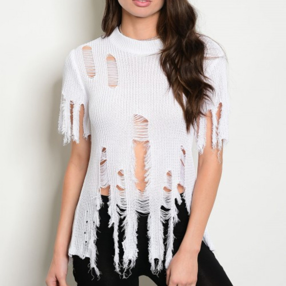 TOP WHITE KNIT DISTRESSED TOP - Picture 3 of 4