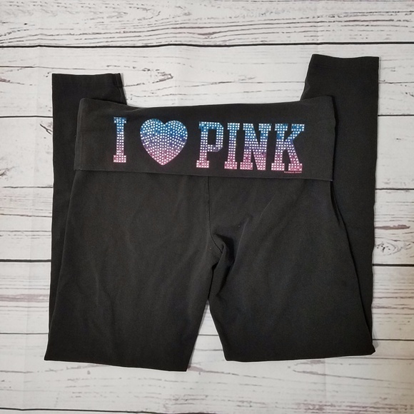 PINK Victoria's Secret Pants - Pink I Heart Pink Black Yoga Pants