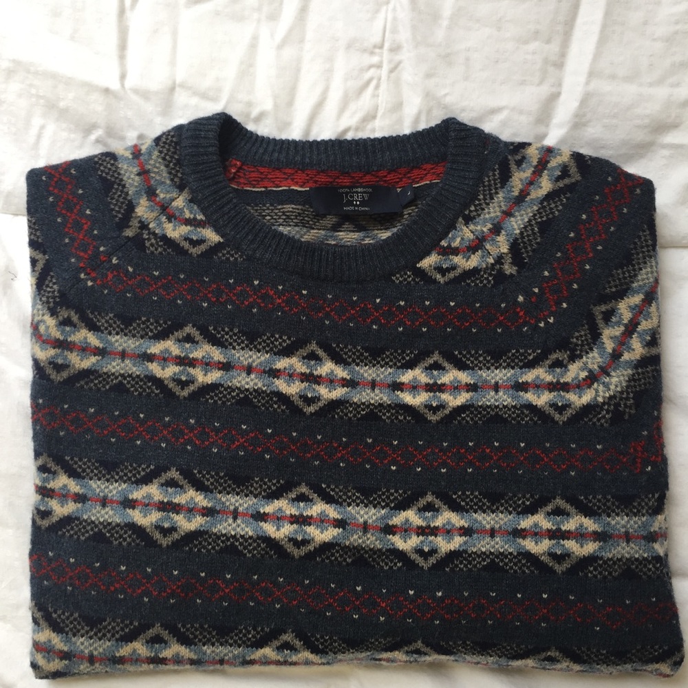 J Crew Red and Navy Lambswool Sweater