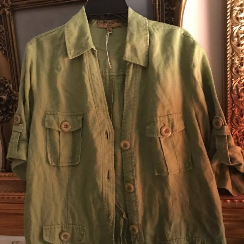 An olive green shirt jacket