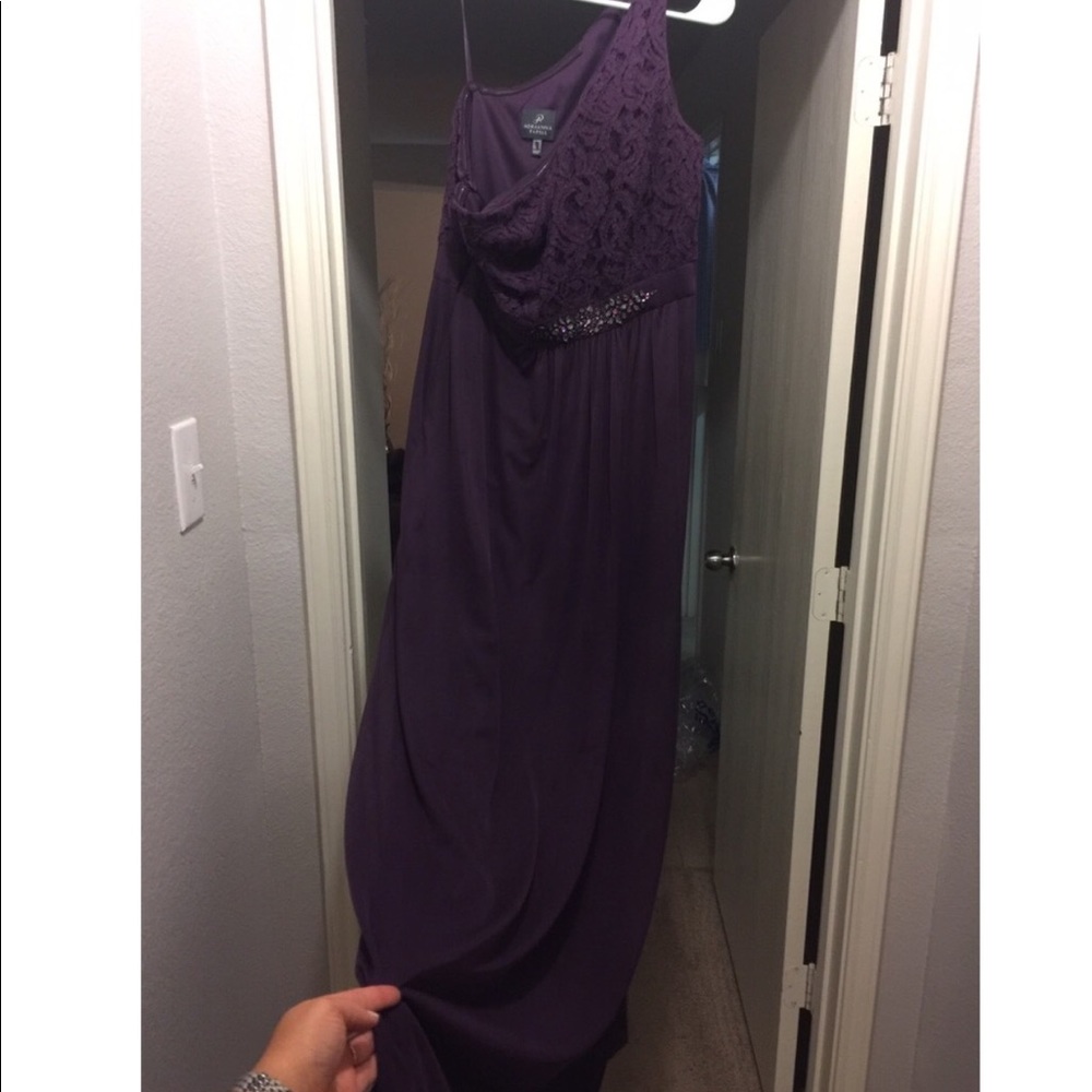 embellished lace & chiffon long one shoulder gown