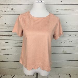 Light pink velvet top with scalloped sleeves