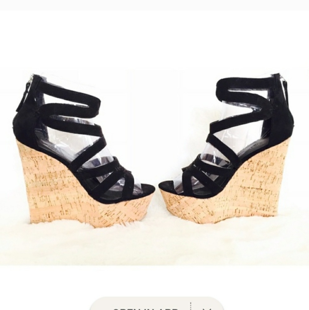 Just Fab Black Strappy Wedges