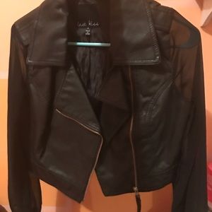 Faux leather sheer sleeves jacket