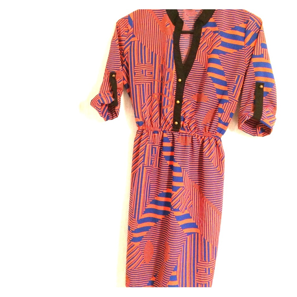 Navy & Orange Striped Dress w/ Elastic Waistline