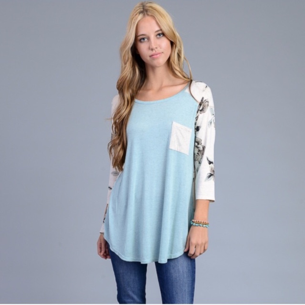 Baby Blue Boat Neck Flower Patterned Top