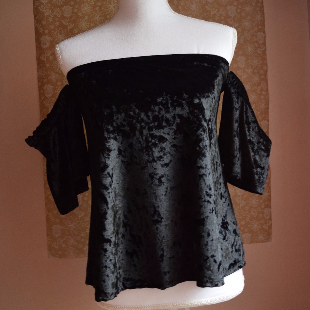 Crushed Black Velvet Off the Shoulder Top
