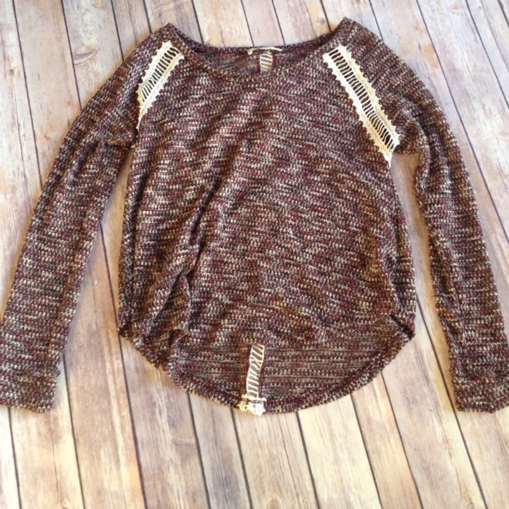 Lush knit light fall sweater maroon & cream lace
