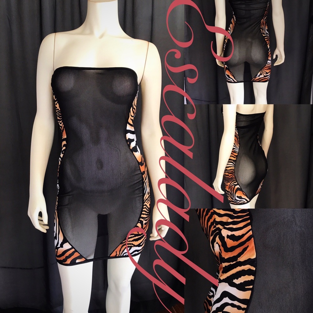 Tiger print see-through black front tube dress