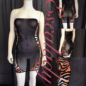 Tiger print see-through black front tube dress